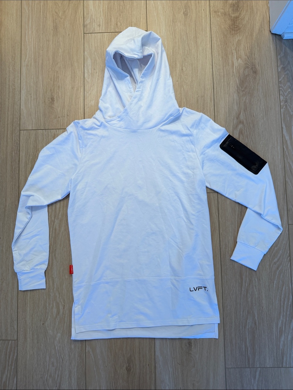LVFT.  Live Fit Men's White Hooded Pullover with sleeve pocket